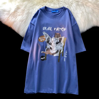 Cotton summer Japanese retro cartoon cat short sleeved t-shirt men loose Korean version lazy style half sleeved shirt harajuku