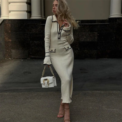 Elegant Ruffled Women Dress Long  Pit Stripe Knit Dresses For Winter Autumn Retro Lapel Pearl Button Fall Fashion Vestidos Robes