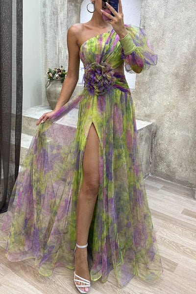 Elegant Formal Party Dress Elegant One Shoulder Tie-dye Ball Gown with Mesh Bubble Sleeves Split Hem Women's Evening Dress