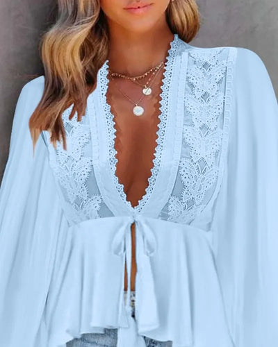 Blouses Women Fashion 2025 Spring Casual Solid Tops Sexy Plunge V-Neck Lace Patch Frill Hem Ruched Lantern Sleeve Top Lady Shirt