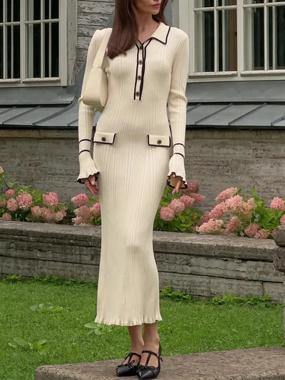 Elegant Ruffled Women Dress Long  Pit Stripe Knit Dresses For Winter Autumn Retro Lapel Pearl Button Fall Fashion Vestidos Robes