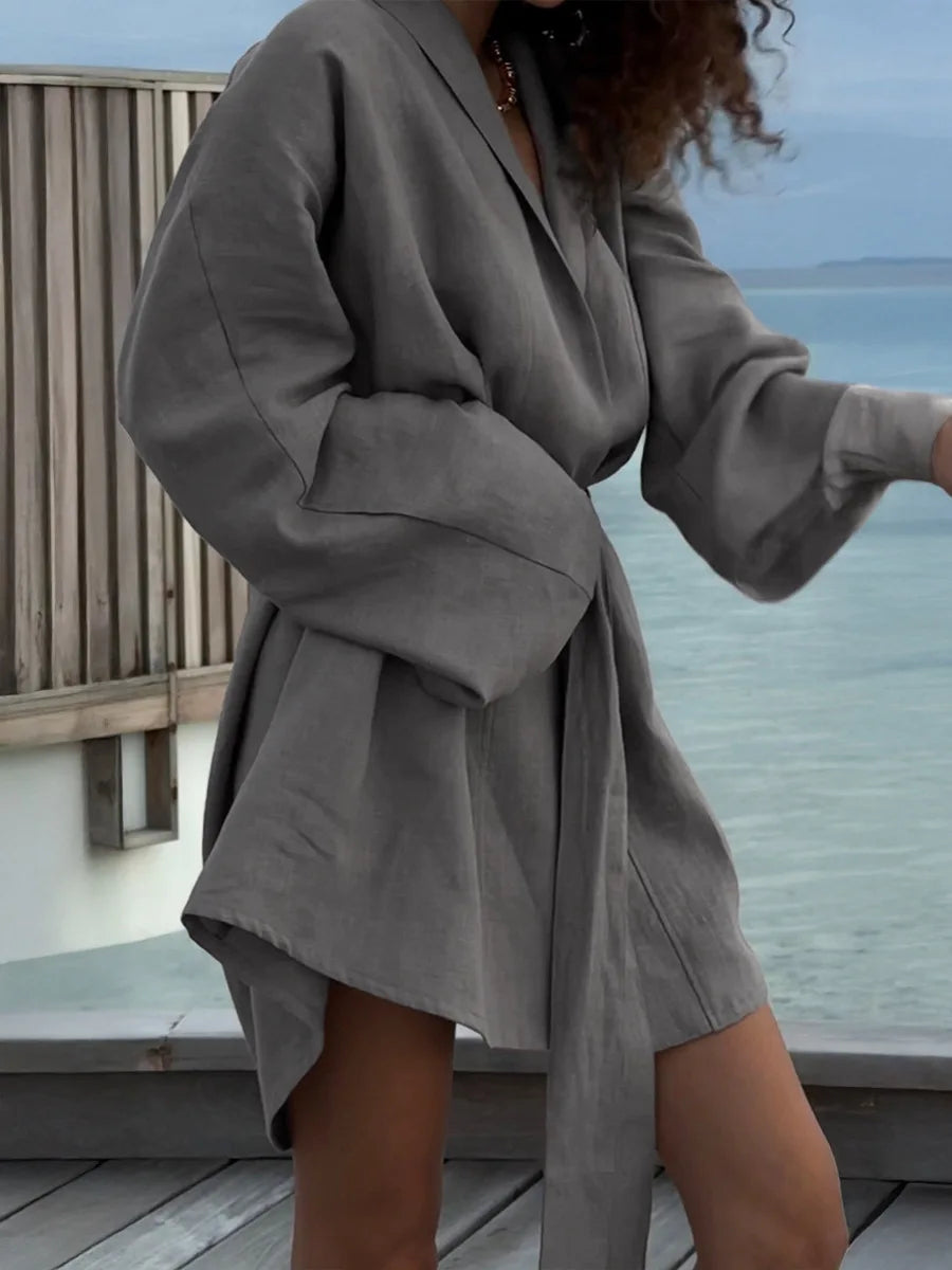 Wolfeel 2025 Autumn Summer New Cotton Linen Robe Dress Women's Fashion Lace Long Sleeve Dress Casual And Comfortable Beach Dress
