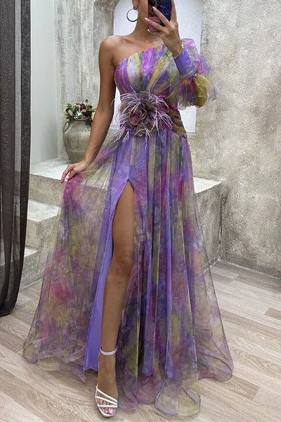 Elegant Formal Party Dress Elegant One Shoulder Tie-dye Ball Gown with Mesh Bubble Sleeves Split Hem Women's Evening Dress