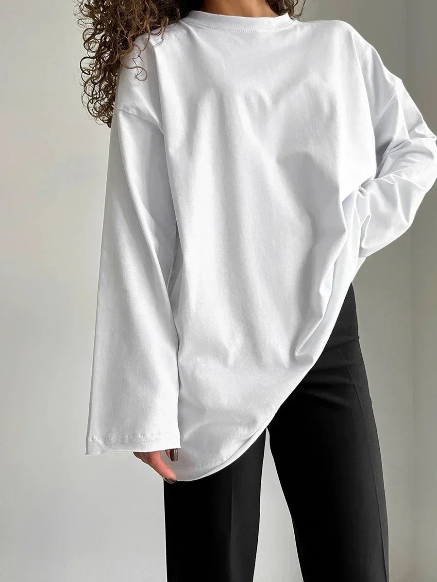 Wolfeel Women Summer 100% Cotton T-shirt Bottoming Spring Basic Fashionable Solid Lady Long Sleeve Loose Tops Shirts