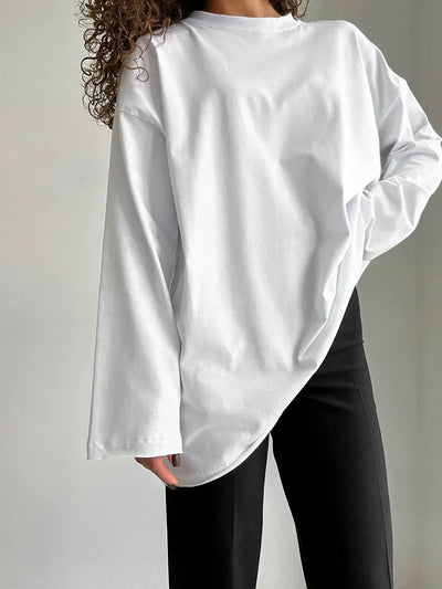 Wolfeel Women Summer 100% Cotton T-shirt Bottoming Spring Basic Fashionable Solid Lady Long Sleeve Loose Tops Shirts