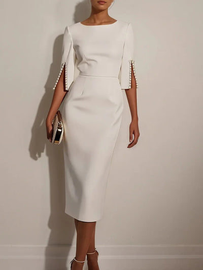 Women Solid Dress Elegant O-Neck OL Office Ladies New Beaded Design Dresses