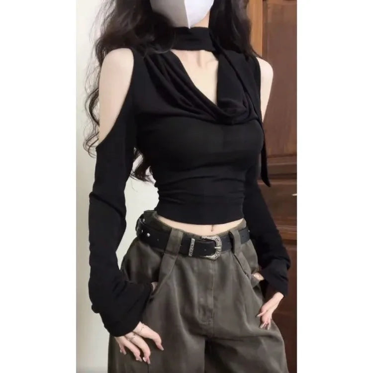 Fashion V-neck Black Halter Tops Women 2025 Summer Nw Slim Waist Tee Shirt Y2k E-Girl Long Sleeve Off Shoulder T-shirts