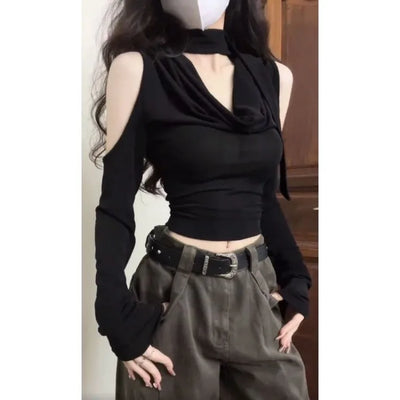 Fashion V-neck Black Halter Tops Women 2025 Summer Nw Slim Waist Tee Shirt Y2k E-Girl Long Sleeve Off Shoulder T-shirts
