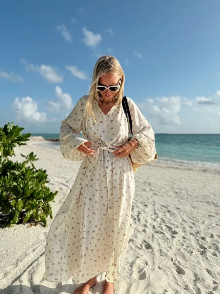 Wolfeel  Summer Women Printed Chiffon  V-neck Dress Sweet Casual Loose Beach Lace Up Long Skirts Fashionable Office Lady Dress