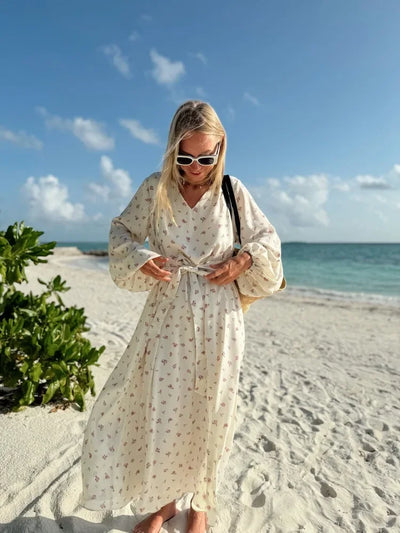 Wolfeel  Summer Women Printed Chiffon  V-neck Dress Sweet Casual Loose Beach Lace Up Long Skirts Fashionable Office Lady Dress