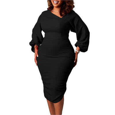 Elegant Office Dress for Women Professional Skew Collar Full Sleeve Sheath Package Hips Mid Calf Formal Business Work Wear Dress