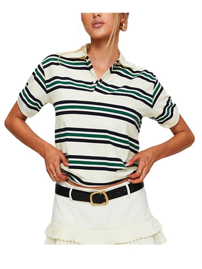Casual Striped Polo T-Shirt for Women Long Sleeve Lapel Neck Half Button-up Aesthetic Pullover 2025 New Tops