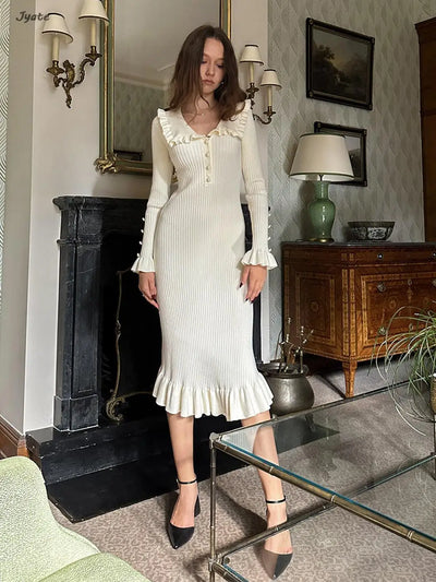 Elegant Ruffled Women Dress Long  Pit Stripe Knit Dresses For Winter Autumn Retro Lapel Pearl Button Fall Fashion Vestidos Robes