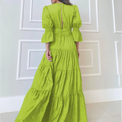 Elegant Ruffle Splicing High Waist And Large Swing Dress For Spring 2025 New Women's Fashion V-neck Long Sleeved Maxi Dress
