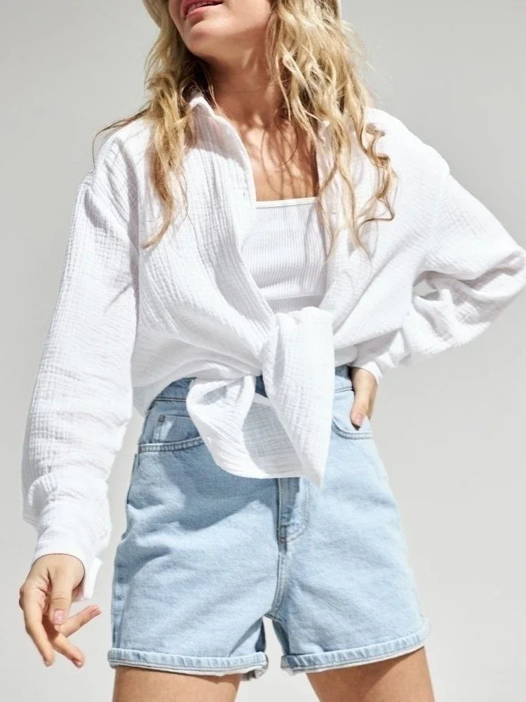 Wolfeel  Women's Spring Summer 100% Cotton Shirts Office Lady  Fashionable Solid Lady Long Sleeve Loose Tops Crepe Shirts