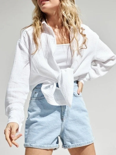 Wolfeel  Women's Spring Summer 100% Cotton Shirts Office Lady  Fashionable Solid Lady Long Sleeve Loose Tops Crepe Shirts