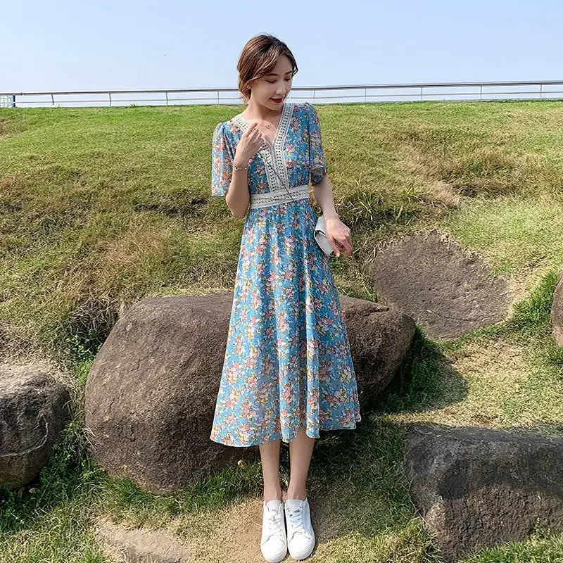 Midi Flower Women's Dress Floral Female Dresses 2024 Clothing New in Features Cotton Chic and Elegant Pretty Cheap Casual Loose