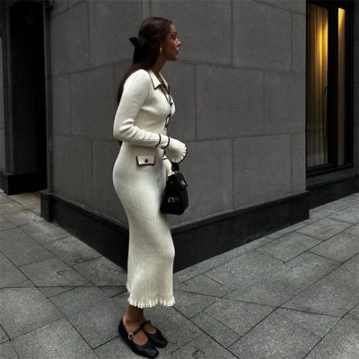 Elegant Ruffled Women Dress Long  Pit Stripe Knit Dresses For Winter Autumn Retro Lapel Pearl Button Fall Fashion Vestidos Robes