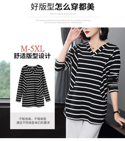 Women's V-Neck Casual All-match Midi Striped Tops Fashion Elegant Long Sleeve Pullovers T-shirt Female Clothing Spring Autumn