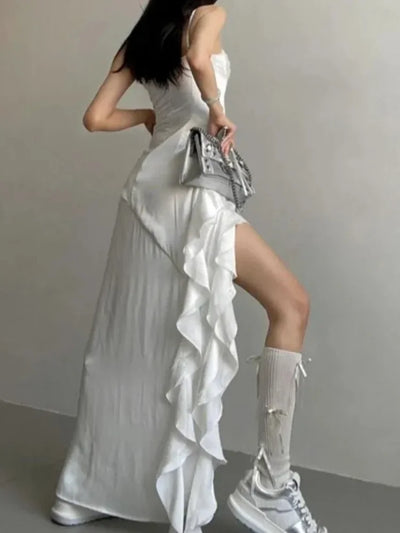 Elegant Sleeveless Ruffle High Low Dress Women Retro White Gothic Vintage  Midi Dress Evening Party French Fashion Summer New