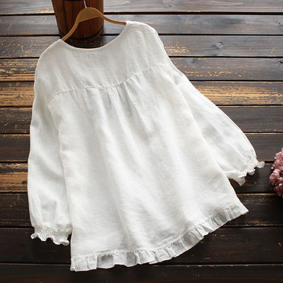 Casual Pullover Blouse For Women 2024 Autumn New Ladies Cotton And Linen Solid Color Loose Ruffle Round Neck Long Sleeved Shirt