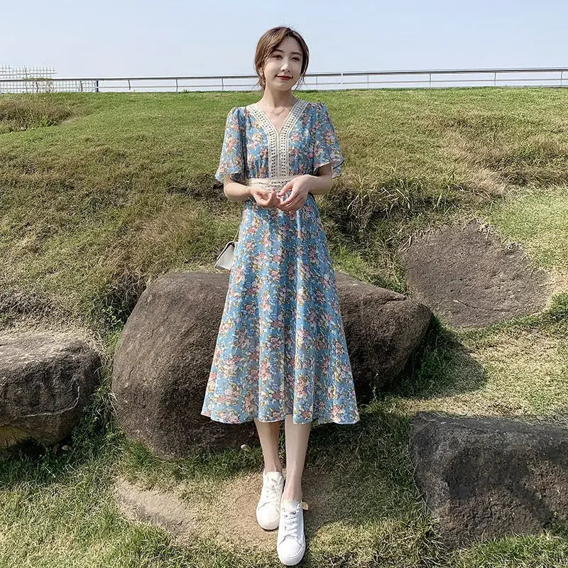 Midi Flower Women's Dress Floral Female Dresses 2024 Clothing New in Features Cotton Chic and Elegant Pretty Cheap Casual Loose
