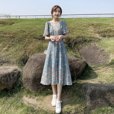 Midi Flower Women's Dress Floral Female Dresses 2024 Clothing New in Features Cotton Chic and Elegant Pretty Cheap Casual Loose