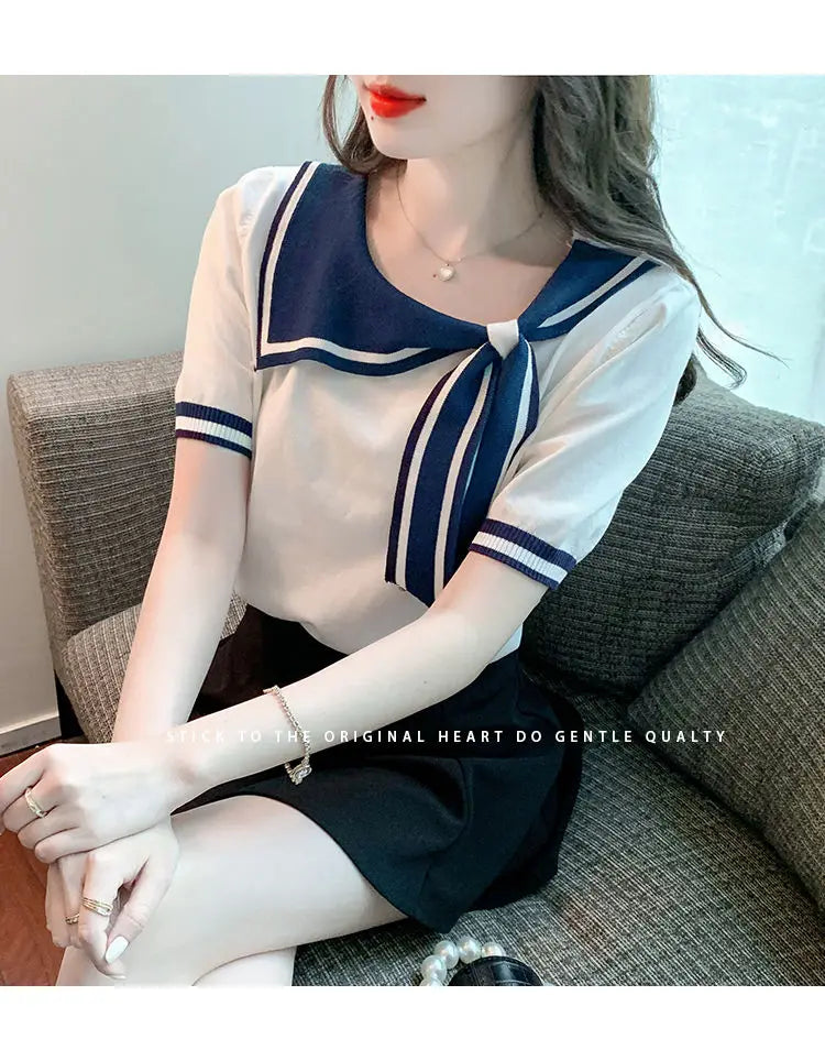 Casual Short Sleeve T-shirt for Women Loose Contrast Sweet All-match Solid Ice Silk Tops Tees Summer New Fashion Korean Clothing