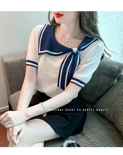 Casual Short Sleeve T-shirt for Women Loose Contrast Sweet All-match Solid Ice Silk Tops Tees Summer New Fashion Korean Clothing