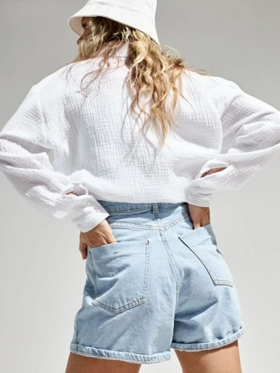 Wolfeel  Women's Spring Summer 100% Cotton Shirts Office Lady  Fashionable Solid Lady Long Sleeve Loose Tops Crepe Shirts