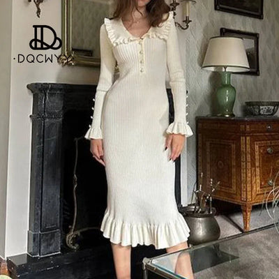 Elegant Party Dresses Woman Mid Length Ruffle Edge Dress with Contrasting Colors Knitted Dress 2024 Autumn Ladies French Dress