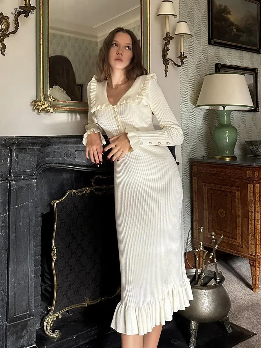 Elegant Ruffled Women Dress Long  Pit Stripe Knit Dresses For Winter Autumn Retro Lapel Pearl Button Fall Fashion Vestidos Robes