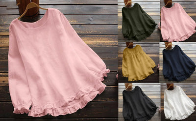Casual Pullover Blouse For Women 2024 Autumn New Ladies Cotton And Linen Solid Color Loose Ruffle Round Neck Long Sleeved Shirt