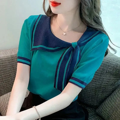 Casual Short Sleeve T-shirt for Women Loose Contrast Sweet All-match Solid Ice Silk Tops Tees Summer New Fashion Korean Clothing