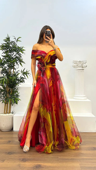 Elegant Formal Party Dress Elegant  Tie-dye Ball Gown with Mesh Bubble Sleeves Split Hem Women's Evening Dress