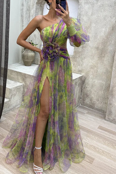 Elegant Formal Party Dress Elegant One Shoulder Tie-dye Ball Gown with Mesh Bubble Sleeves Split Hem Women's Evening Dress