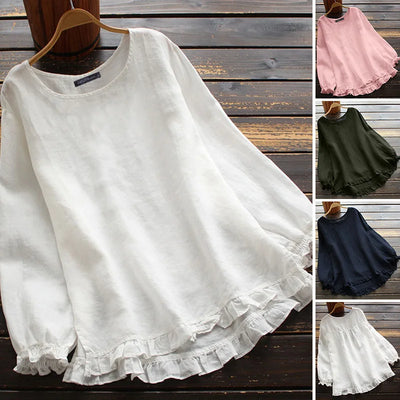 Casual Pullover Blouse For Women 2024 Autumn New Ladies Cotton And Linen Solid Color Loose Ruffle Round Neck Long Sleeved Shirt