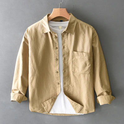 Spring new men's shirt with a high sense of fashion casual cotton loose shirt solid color match