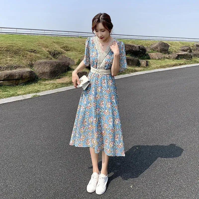 Midi Flower Women's Dress Floral Female Dresses 2024 Clothing New in Features Cotton Chic and Elegant Pretty Cheap Casual Loose