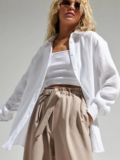Wolfeel  Women's Spring Summer 100% Cotton Shirts Office Lady  Fashionable Solid Lady Long Sleeve Loose Tops Crepe Shirts