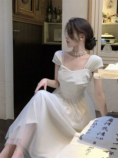 Midi Dress Women Pure Princess Summer Aesthetic Defined Elegant Ladies Gentle Spliced Chic Mesh Partywear French Style Vestidos