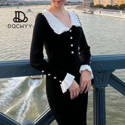 Elegant Party Dresses Woman Mid Length Ruffle Edge Dress with Contrasting Colors Knitted Dress 2024 Autumn Ladies French Dress
