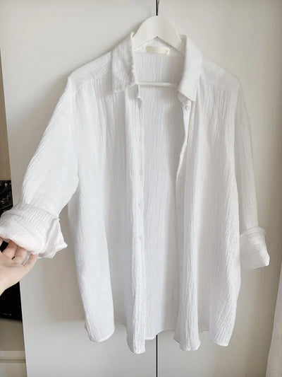 Wolfeel  Women's Spring Summer 100% Cotton Shirts Office Lady  Fashionable Solid Lady Long Sleeve Loose Tops Crepe Shirts