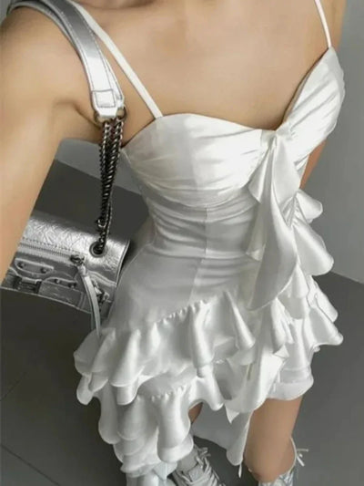 Elegant Sleeveless Ruffle High Low Dress Women Retro White Gothic Vintage  Midi Dress Evening Party French Fashion Summer New