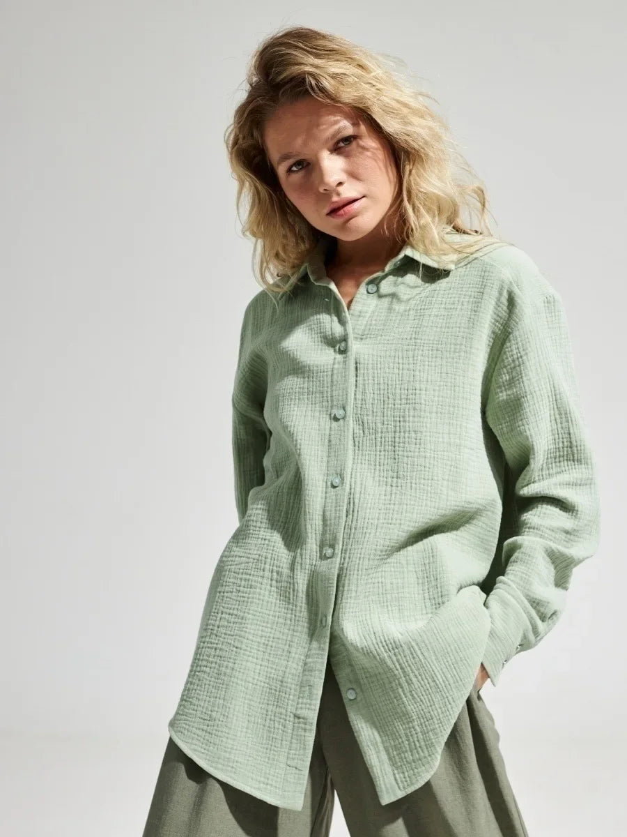 Wolfeel  Women's Spring Summer 100% Cotton Shirts Office Lady  Fashionable Solid Lady Long Sleeve Loose Tops Crepe Shirts