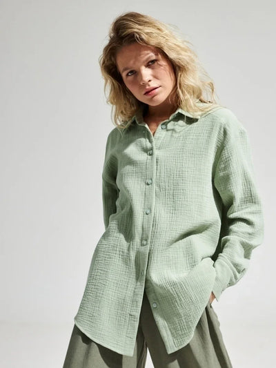 Wolfeel  Women's Spring Summer 100% Cotton Shirts Office Lady  Fashionable Solid Lady Long Sleeve Loose Tops Crepe Shirts