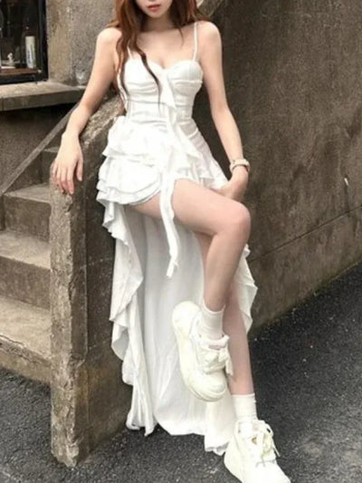Elegant Sleeveless Ruffle High Low Dress Women Retro White Gothic Vintage  Midi Dress Evening Party French Fashion Summer New