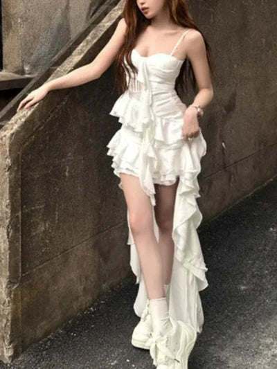Elegant Sleeveless Ruffle High Low Dress Women Retro White Gothic Vintage  Midi Dress Evening Party French Fashion Summer New