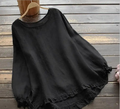 Casual Pullover Blouse For Women 2024 Autumn New Ladies Cotton And Linen Solid Color Loose Ruffle Round Neck Long Sleeved Shirt