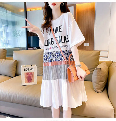 Casual Short Sleeve Letter Dresses Female Clothing Summer Loose A-Line Fashion Printed Patchwork Korean Round Neck Midi Dress